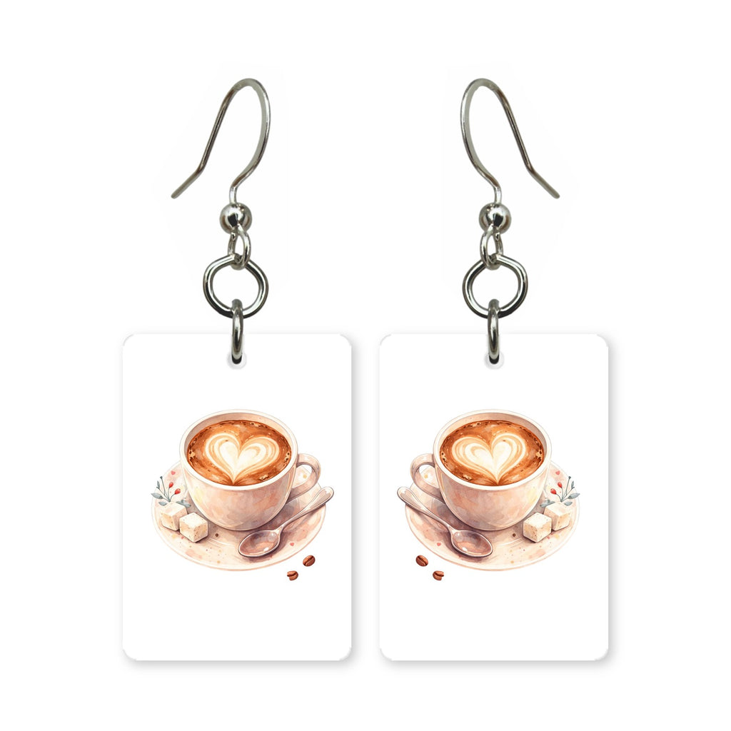 Heart latte earrings — latte with heart foam art, cut-paper design, made in USA