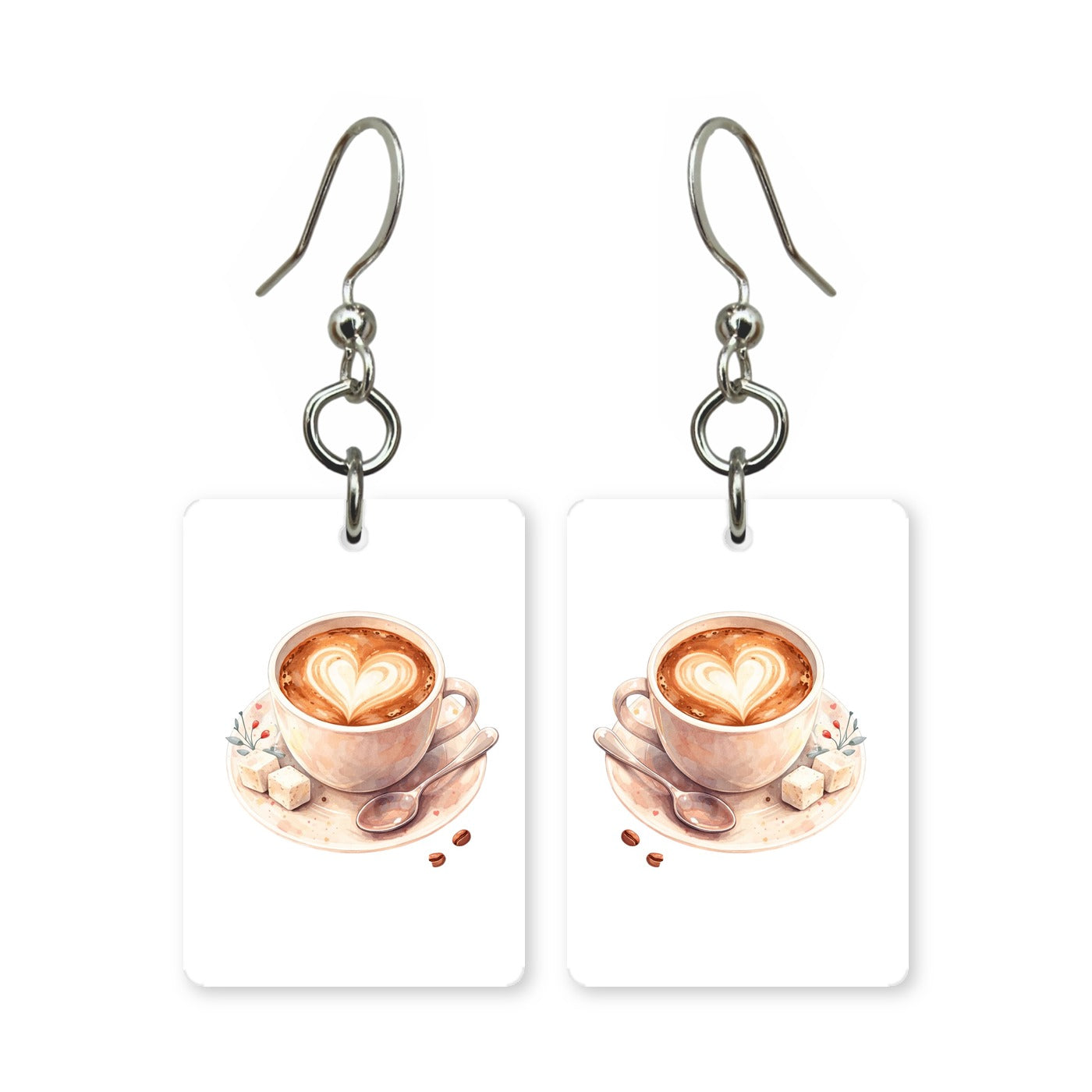 Heart latte earrings — latte with heart foam art, cut-paper design, made in USA