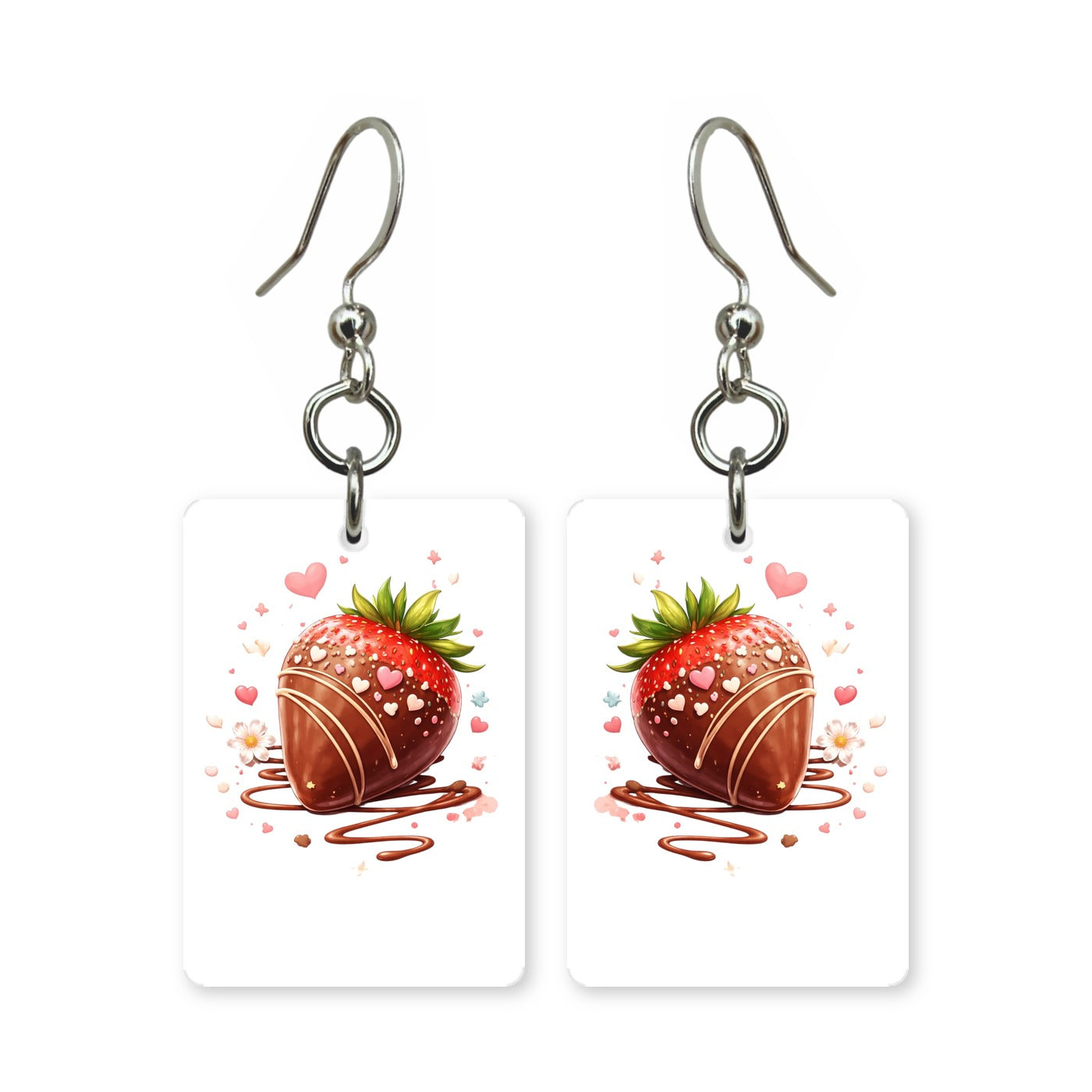 Chocolate strawberry earrings — chocolate-dipped strawberry, cut-paper art, made in USA