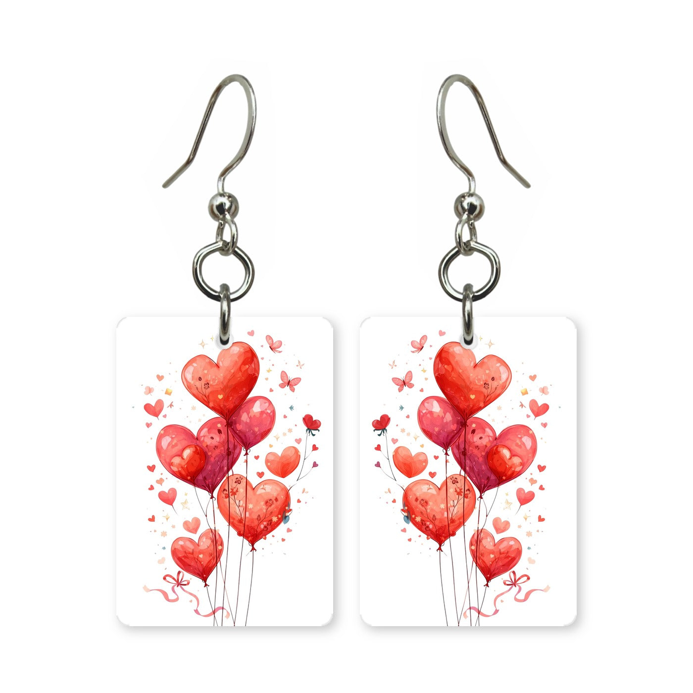 Heart balloons earrings — heart balloons on strings, cut-paper art, made in USA