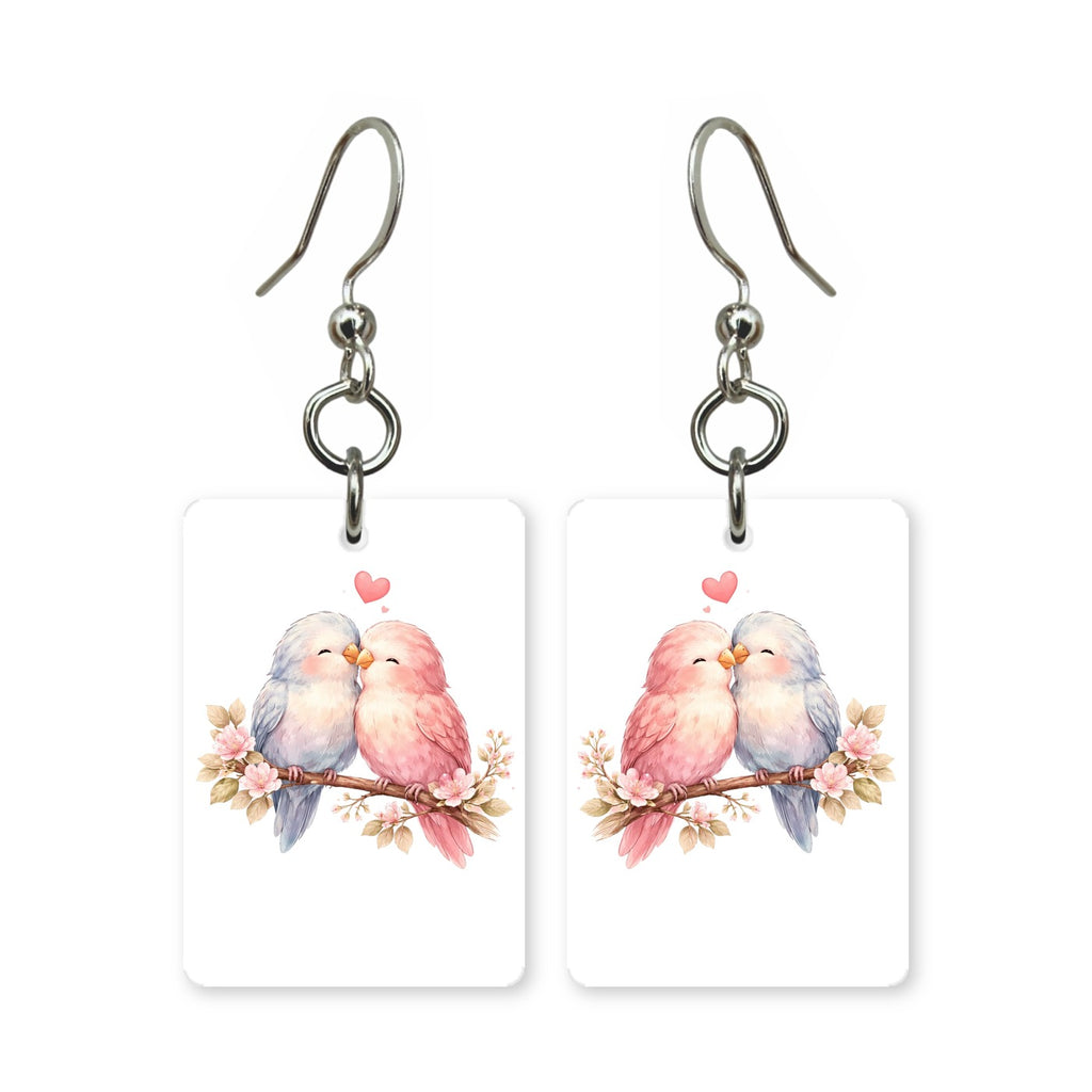Lovebirds earrings — two lovebirds together on a branch, cut-paper art, made in USA