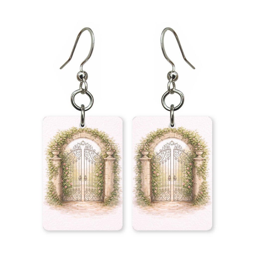 Garden gate earrings — vine-covered garden gate, cut-paper art, made in USA