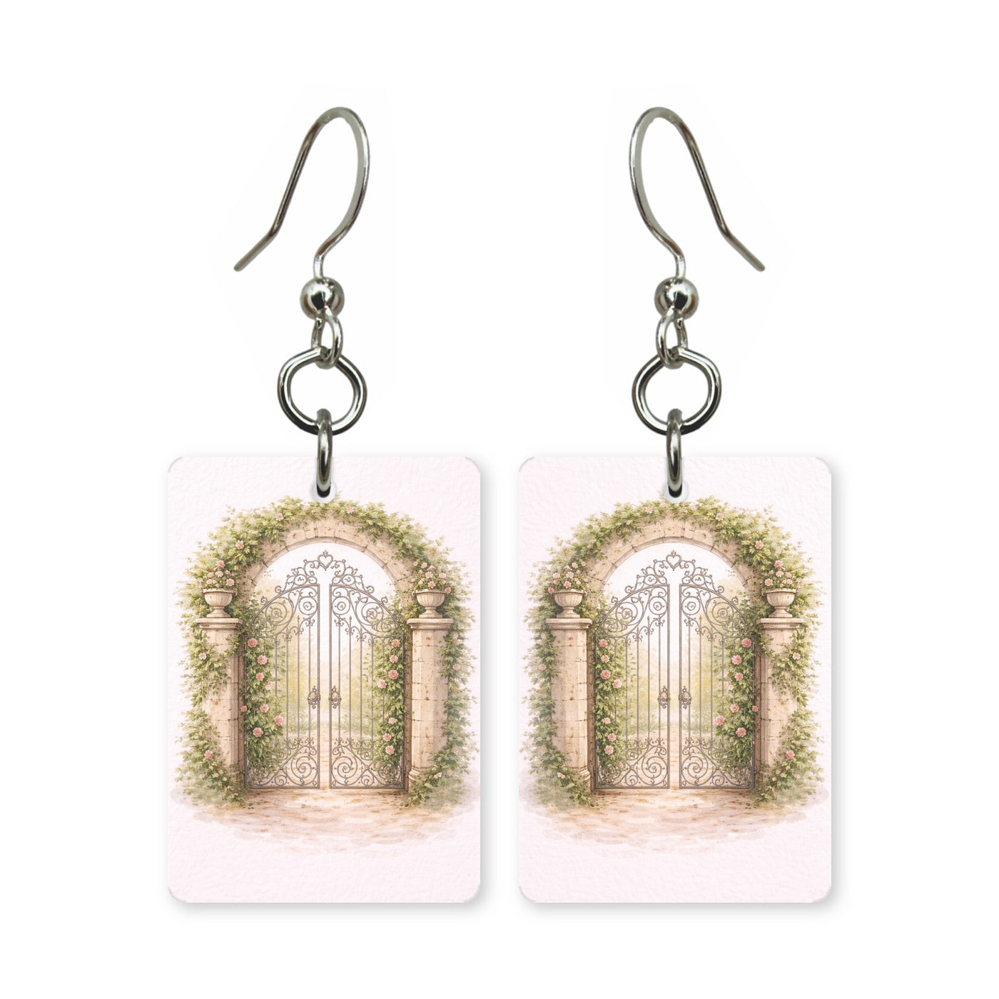Garden gate earrings — vine-covered garden gate, cut-paper art, made in USA