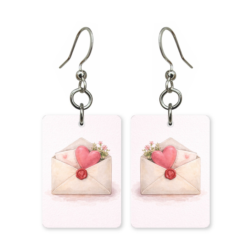Love letter earrings — sealed love letter and envelope, cut-paper art, made in USA