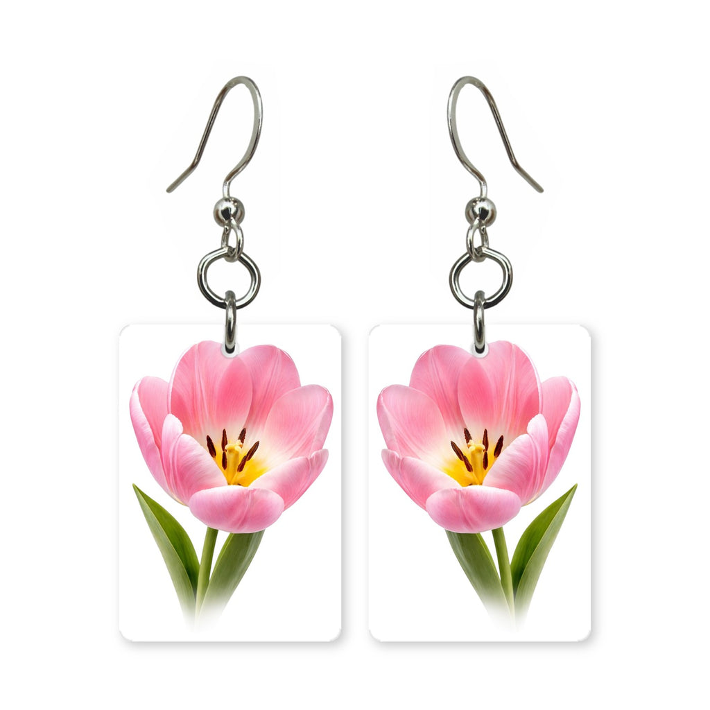 Pink tulip earrings — pink tulips beginning to open, cut-paper botanical art, made in USA