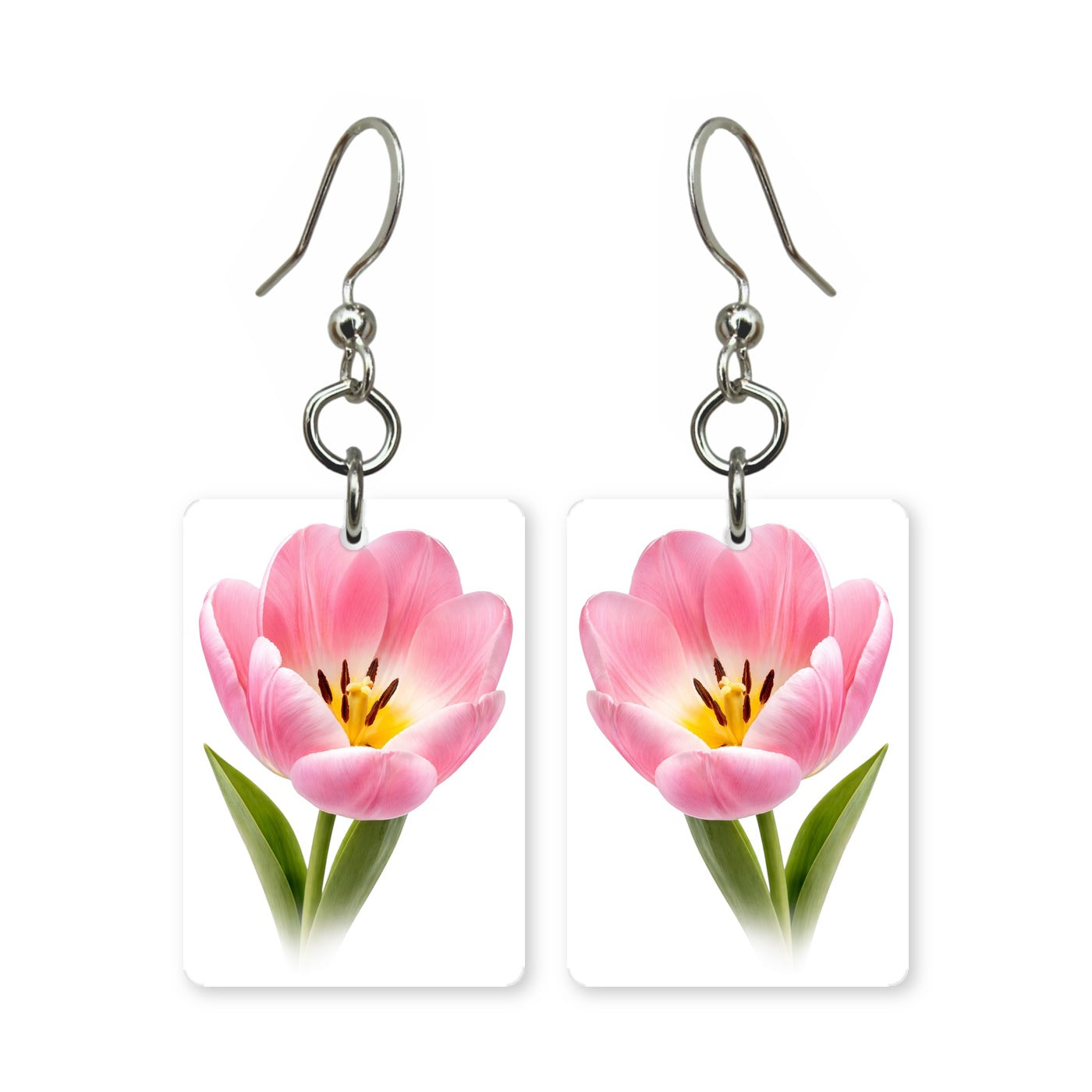Pink tulip earrings — pink tulips beginning to open, cut-paper botanical art, made in USA