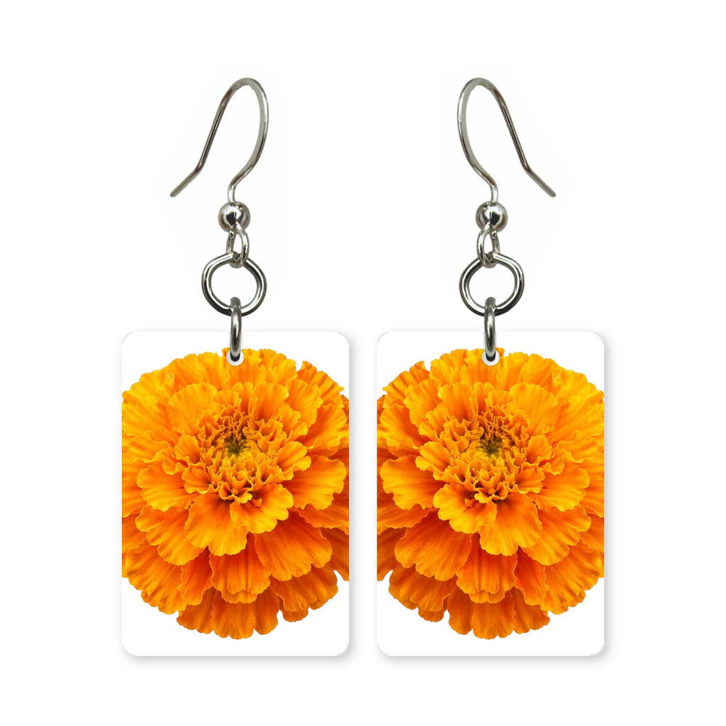 Orange marigold earrings — dense orange marigold blooms, cut-paper botanical art, made in USA