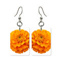 Orange marigold earrings — dense orange marigold blooms, cut-paper botanical art, made in USA