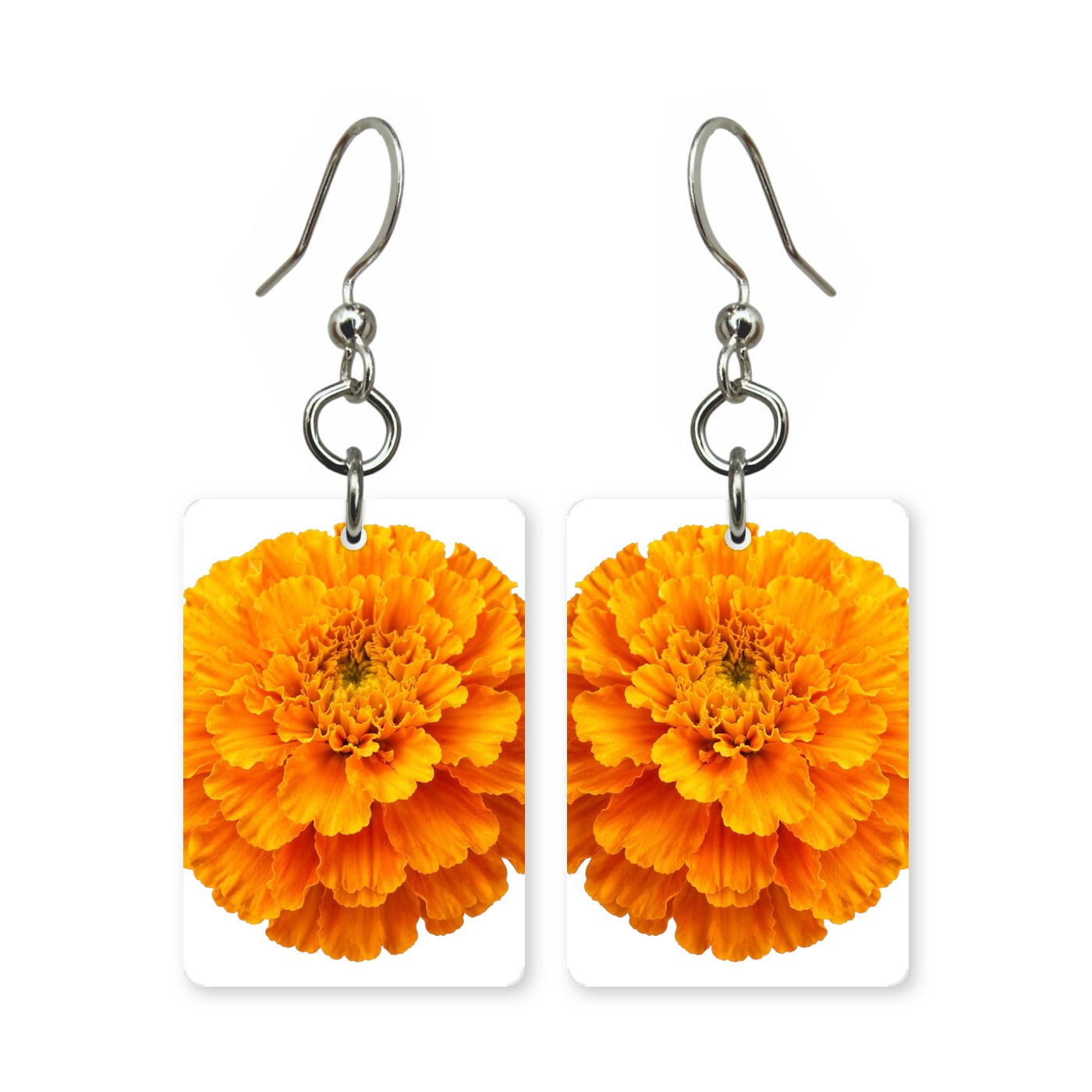Orange marigold earrings — dense orange marigold blooms, cut-paper botanical art, made in USA