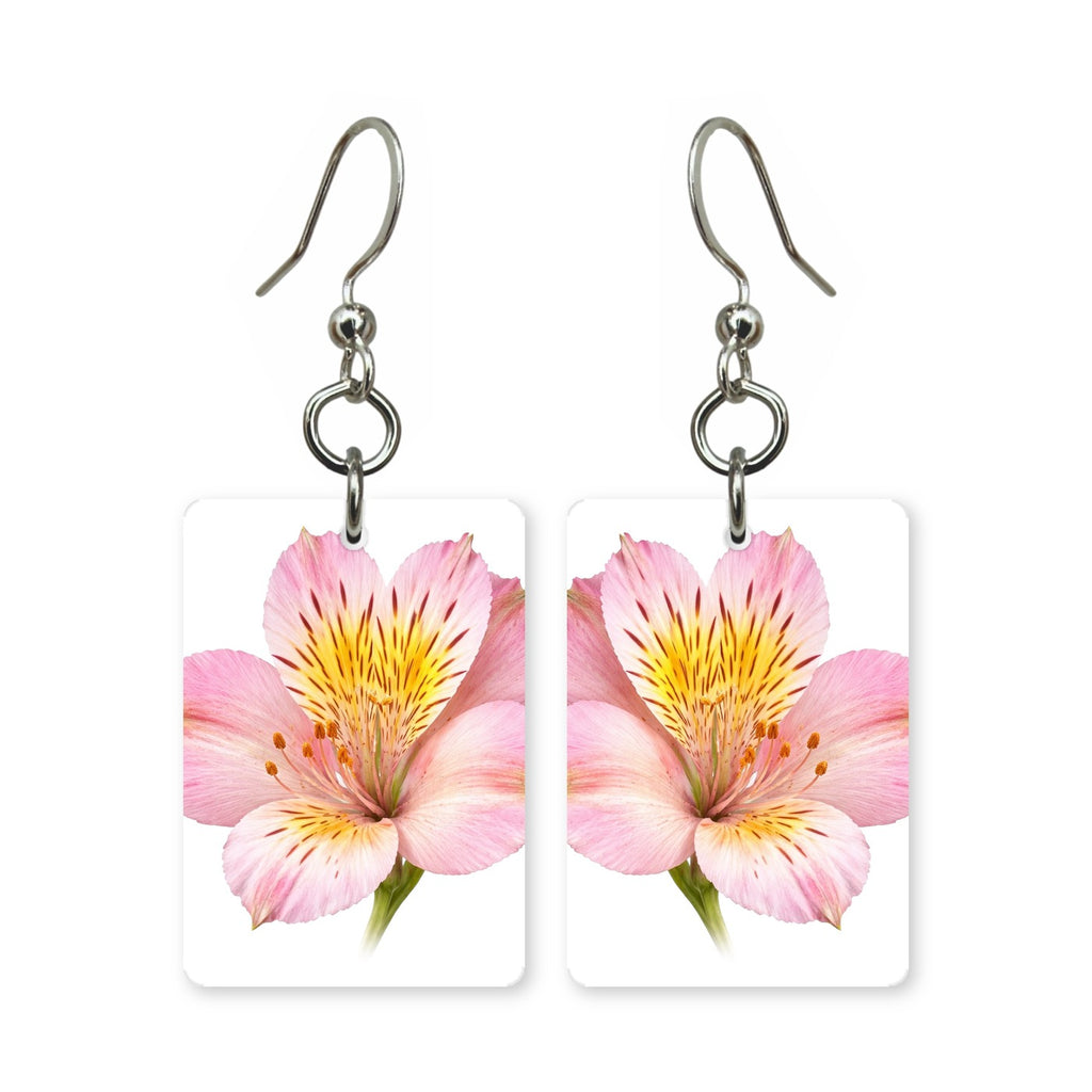 Peruvian lily earrings — alstroemeria blooms with freckled throats, cut-paper art, made in USA
