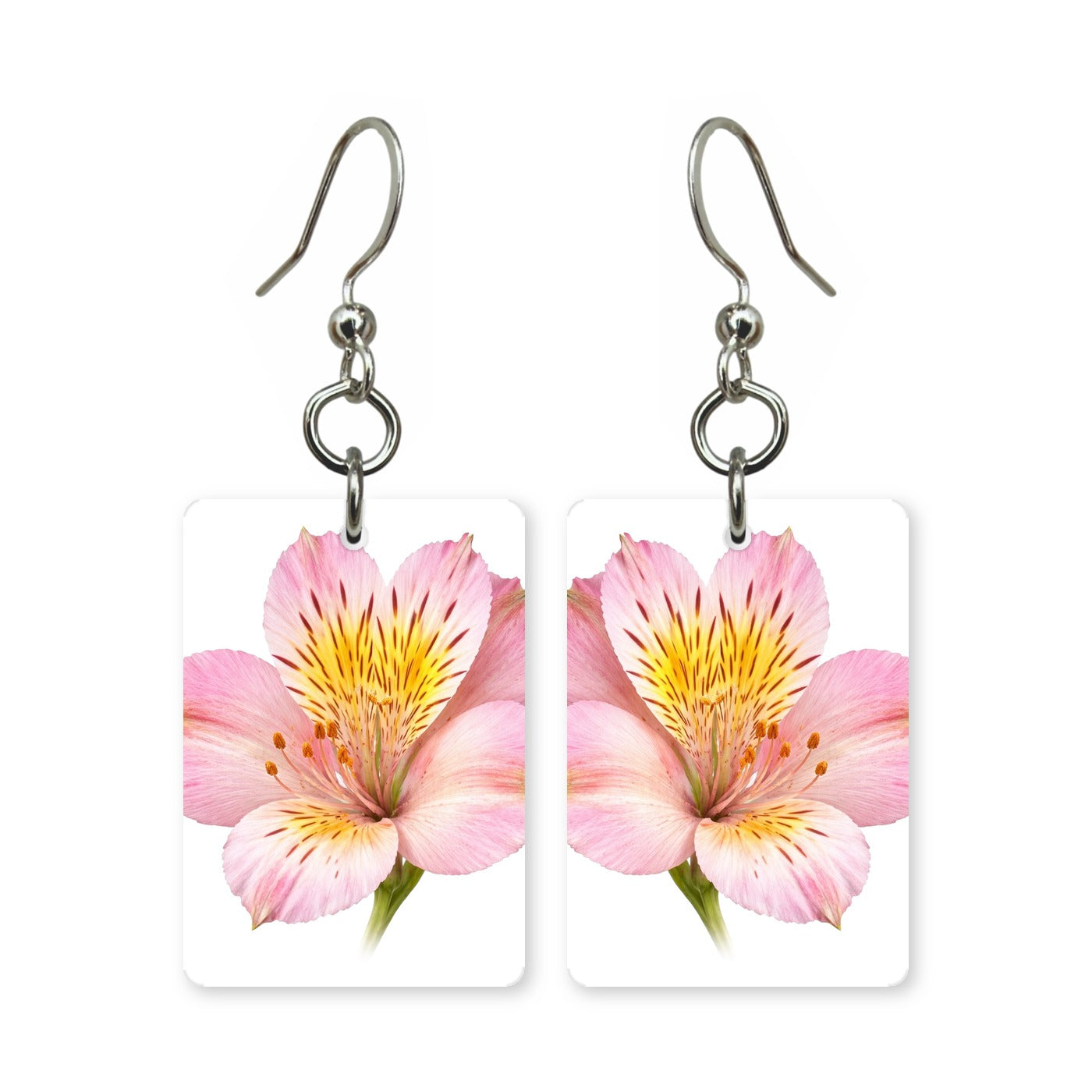 Peruvian lily earrings — alstroemeria blooms with freckled throats, cut-paper art, made in USA