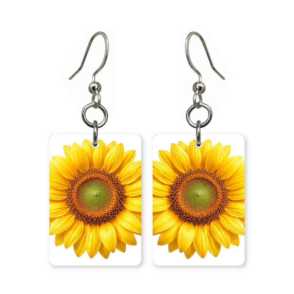 Yellow sunflower earrings — bright yellow sunflowers face on, cut-paper art, made in USA