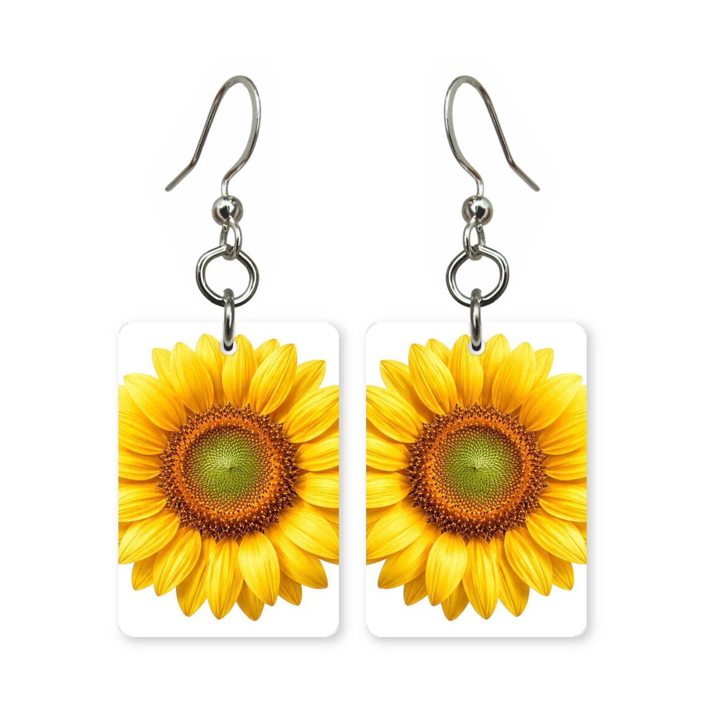Yellow sunflower earrings — bright yellow sunflowers face on, cut-paper art, made in USA