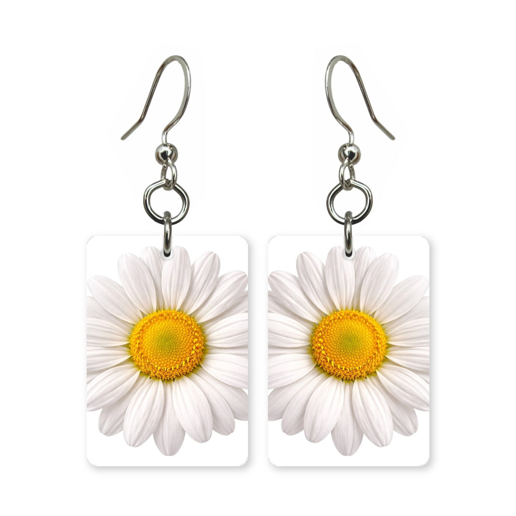 White daisy earrings — simple white daisies, cut-paper botanical art, made in USA