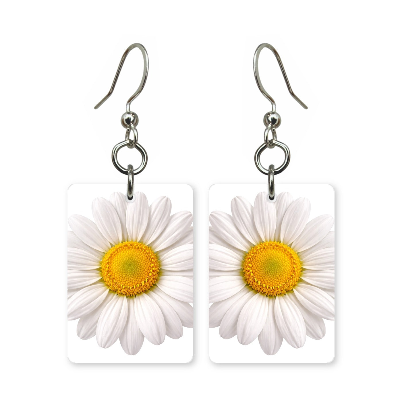 White daisy earrings — simple white daisies, cut-paper botanical art, made in USA