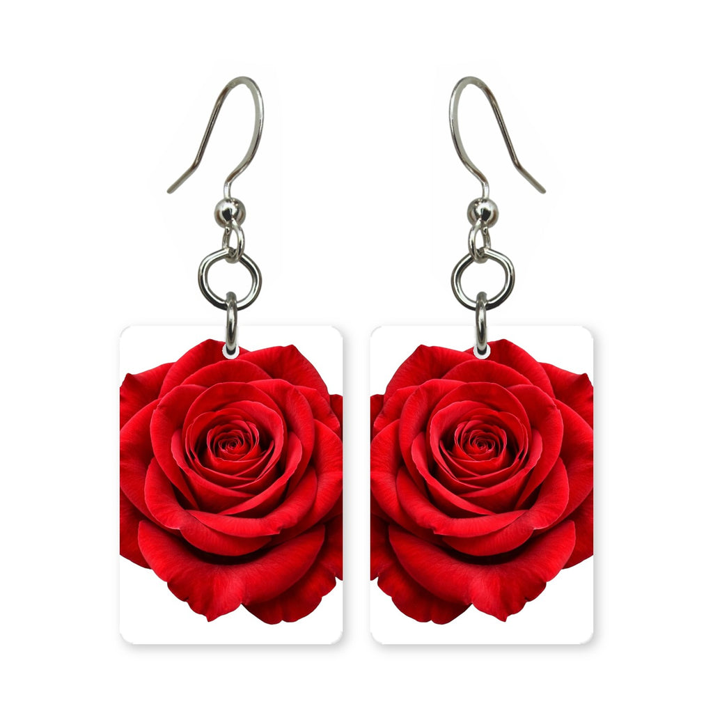 Red rose earrings — fully opened red rose, cut-paper botanical art, made in USA