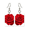 Red rose earrings — fully opened red rose, cut-paper botanical art, made in USA