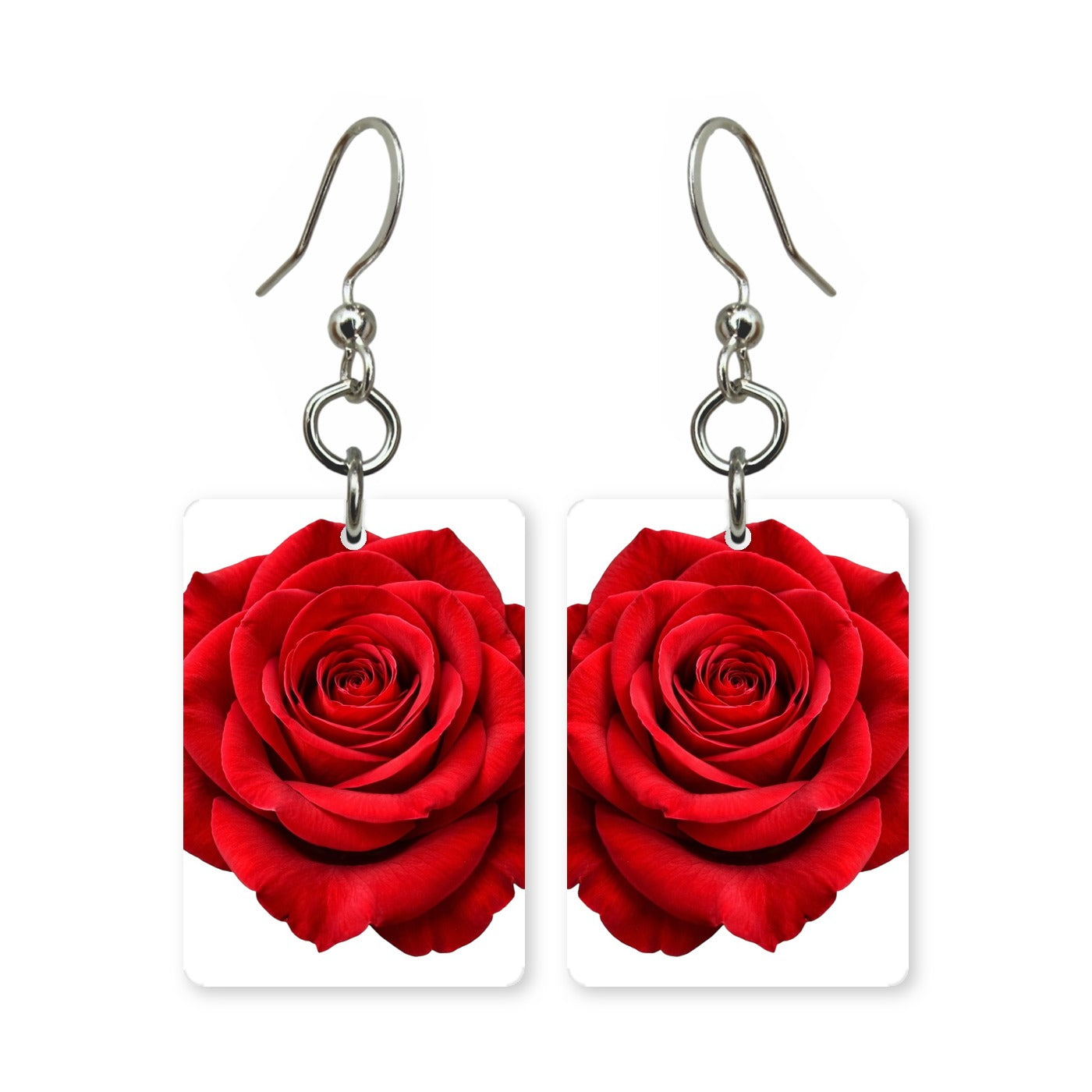 Red rose earrings — fully opened red rose, cut-paper botanical art, made in USA