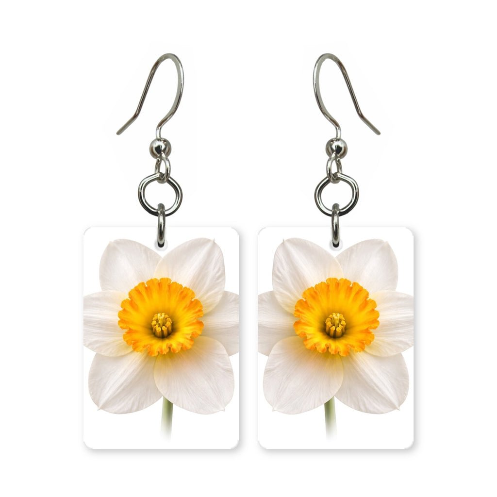 White daffodil earrings — white daffodils with trumpet centers, cut-paper botanical art