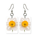 White daffodil earrings — white daffodils with trumpet centers, cut-paper botanical art