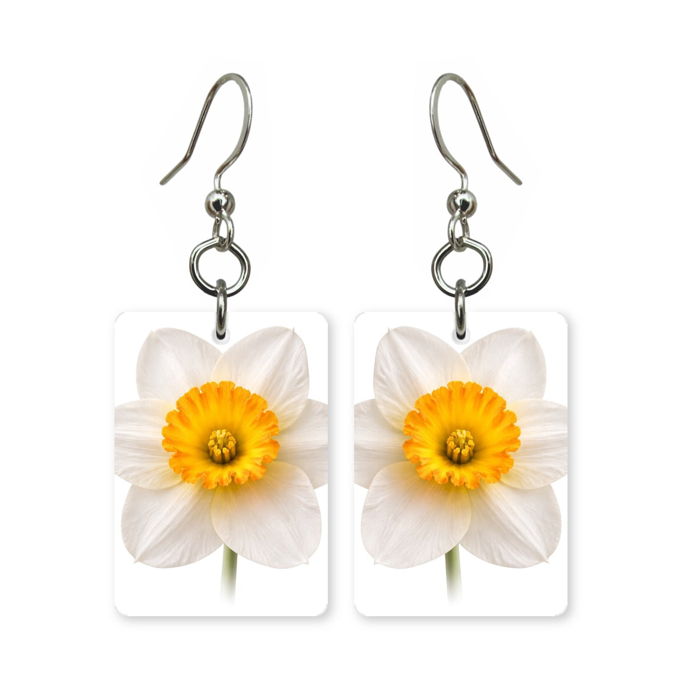 White daffodil earrings — white daffodils with trumpet centers, cut-paper botanical art