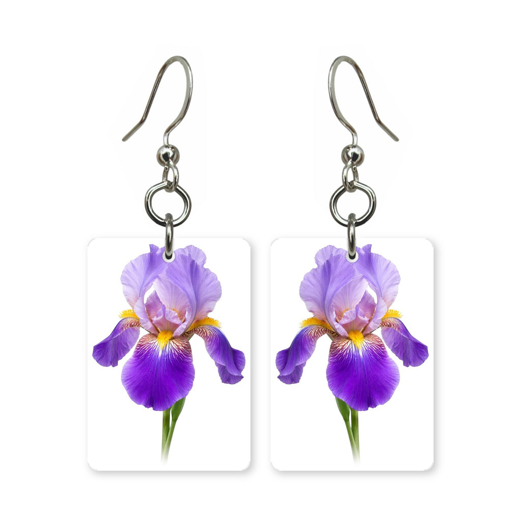 Purple iris earrings — purple iris blooms with open falls, cut-paper botanical art, made in USA