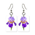 Purple iris earrings — purple iris blooms with open falls, cut-paper botanical art, made in USA