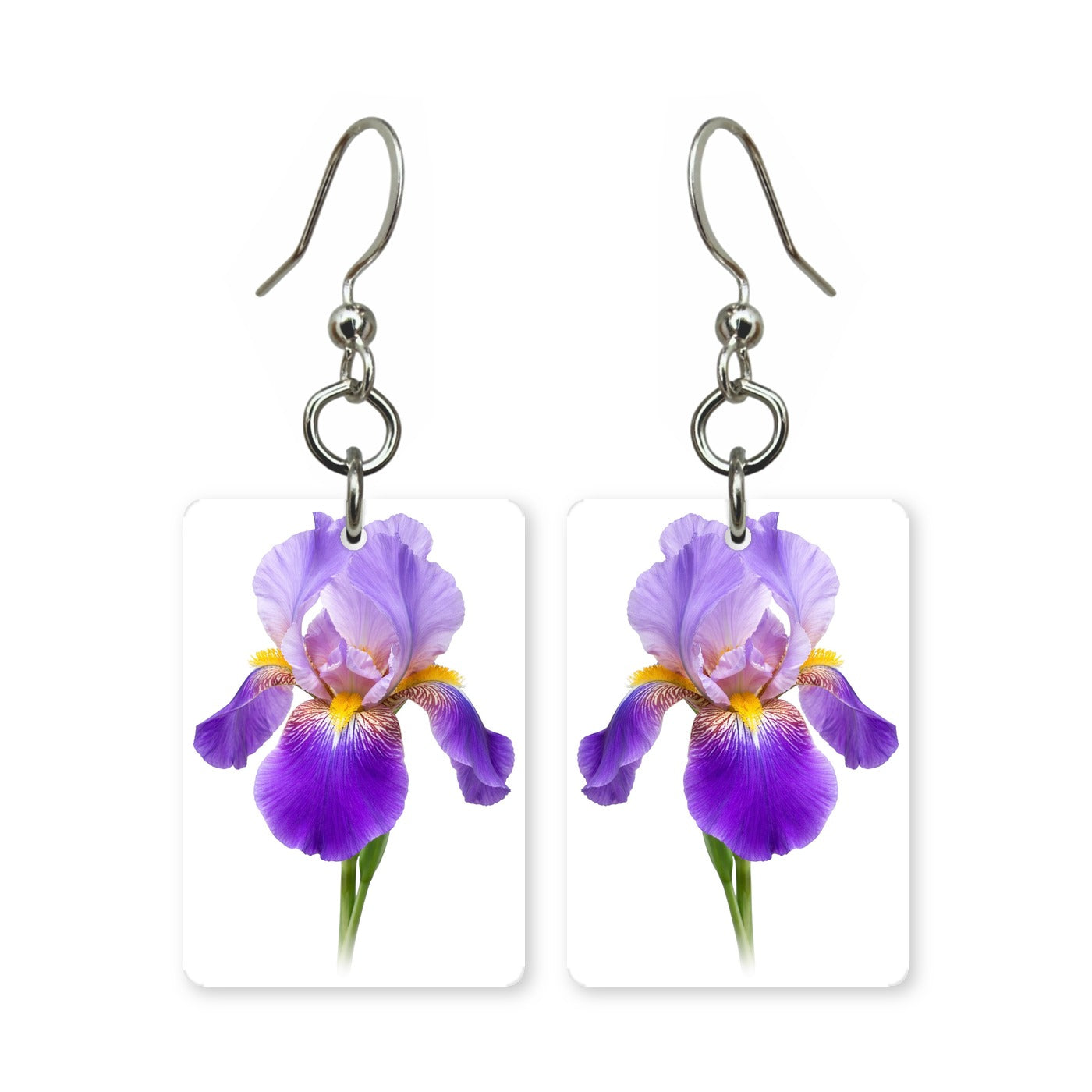 Purple iris earrings — purple iris blooms with open falls, cut-paper botanical art, made in USA