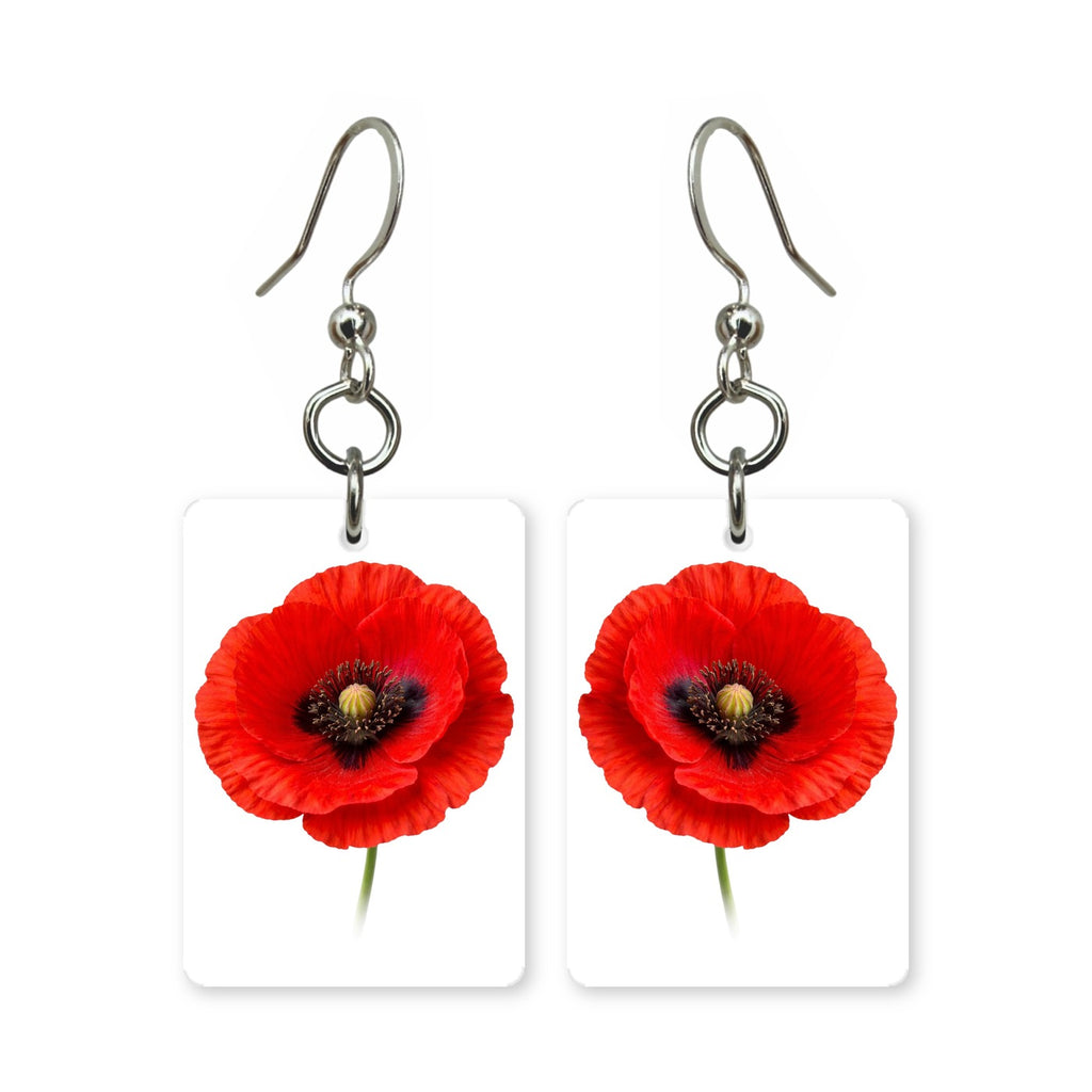 Red poppy earrings — red poppies with dark centers, cut-paper botanical art, made in USA