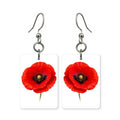 Red poppy earrings — red poppies with dark centers, cut-paper botanical art, made in USA