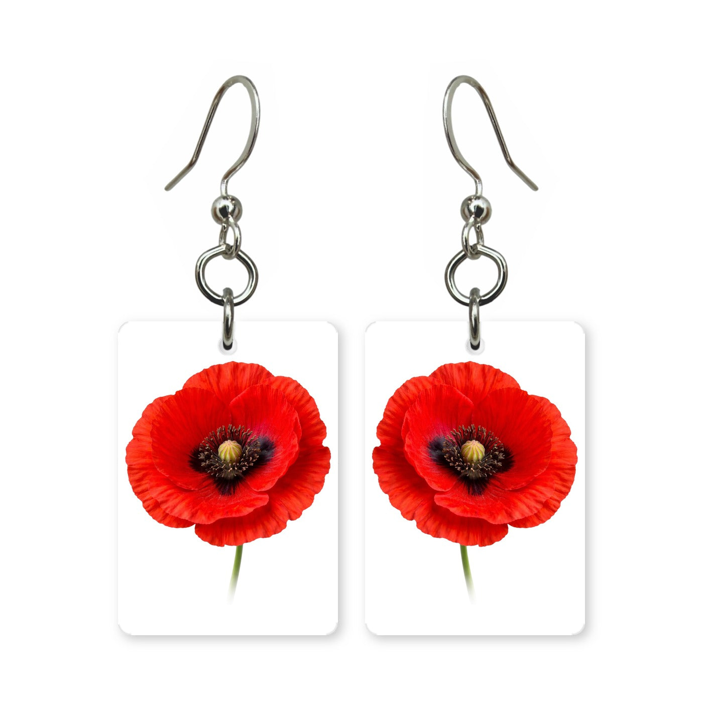 Red poppy earrings — red poppies with dark centers, cut-paper botanical art, made in USA