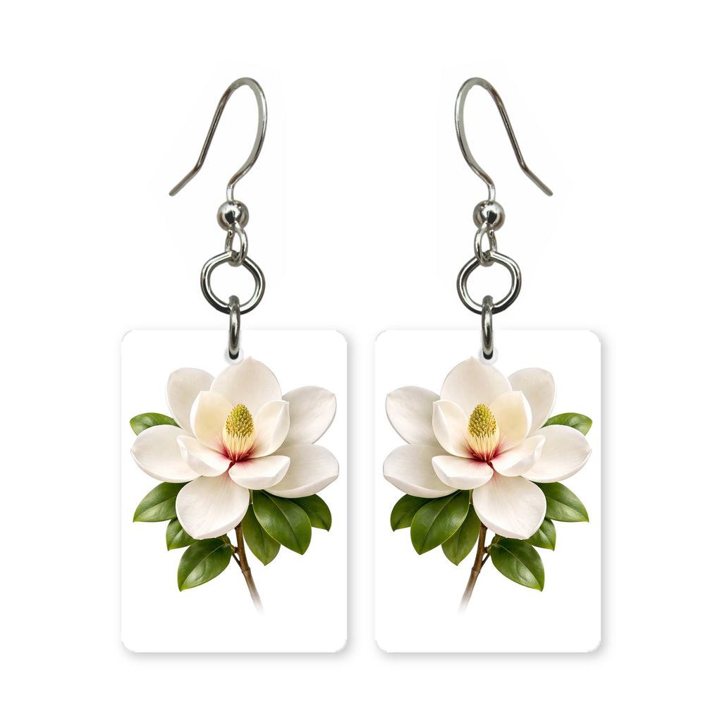 White magnolia earrings — white magnolia blooms on a dark branch, cut-paper art, made in USA