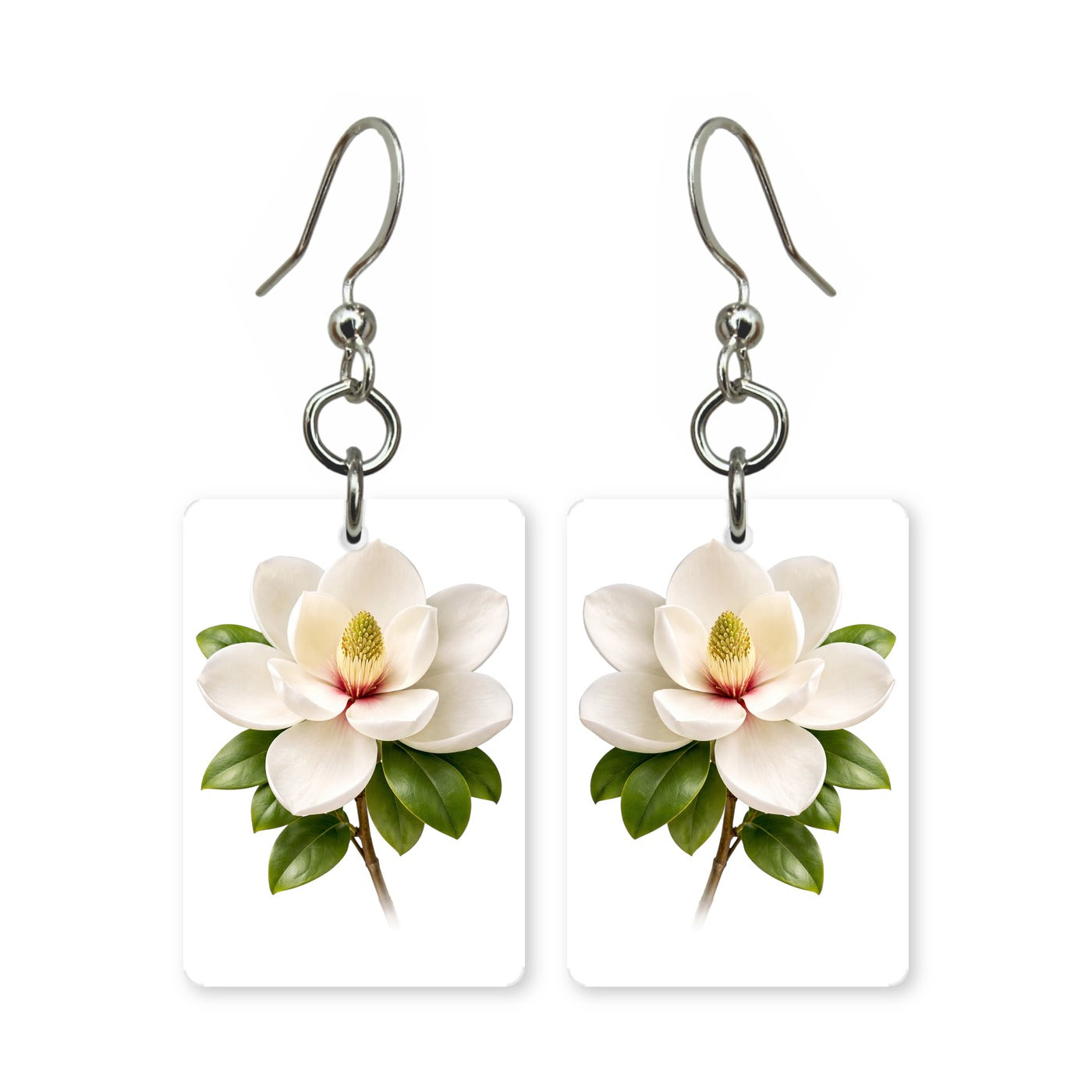 White magnolia earrings — white magnolia blooms on a dark branch, cut-paper art, made in USA