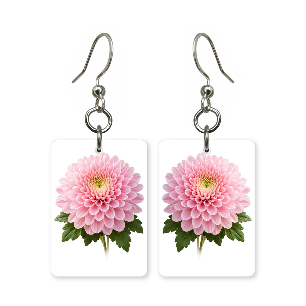 Pink chrysanthemum earrings — layered pink chrysanthemum blooms, cut-paper art, made in USA