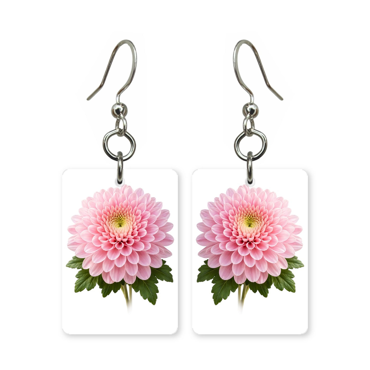Pink chrysanthemum earrings — layered pink chrysanthemum blooms, cut-paper art, made in USA