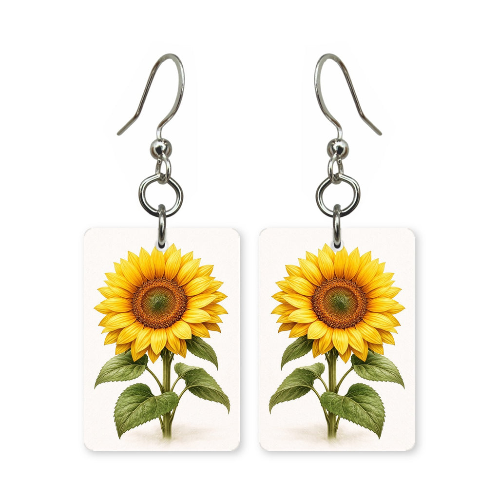 Sunflower stem earrings — single sunflower on a long stem, cut-paper art, made in USA