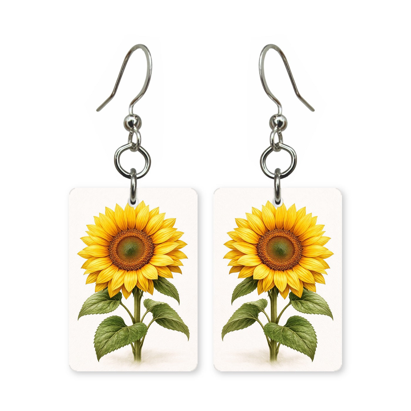 Sunflower stem earrings — single sunflower on a long stem, cut-paper art, made in USA