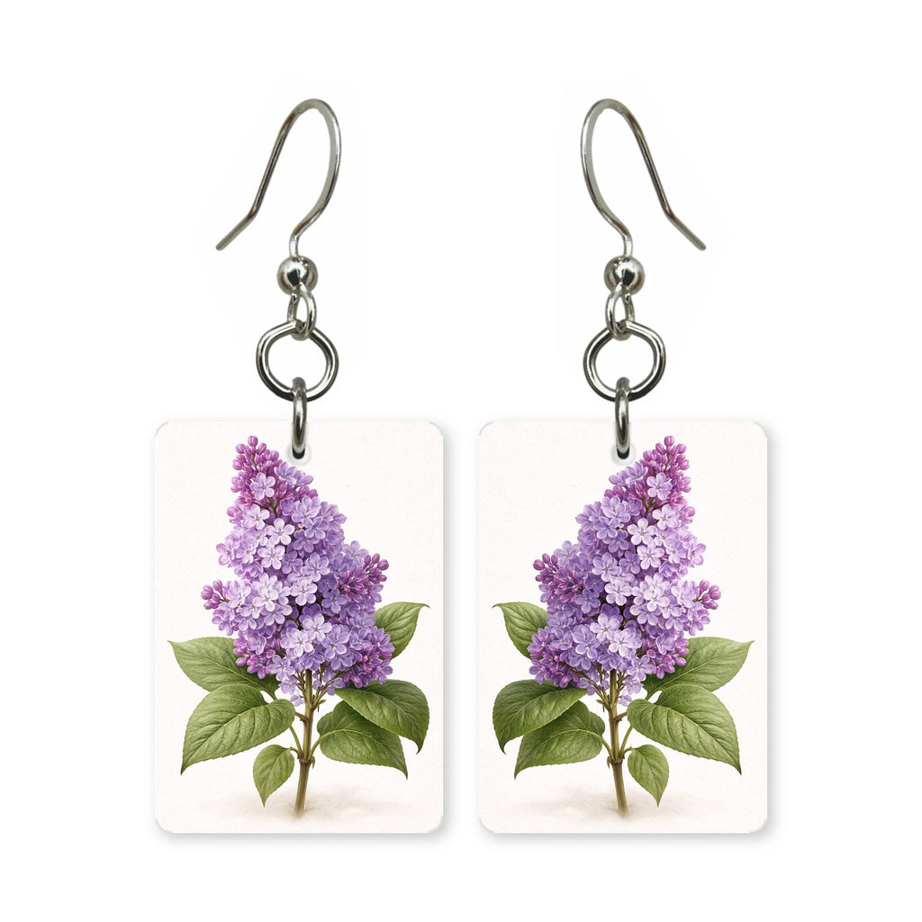 Purple lilac earrings — lilac clusters in bloom, cut-paper botanical art, made in USA