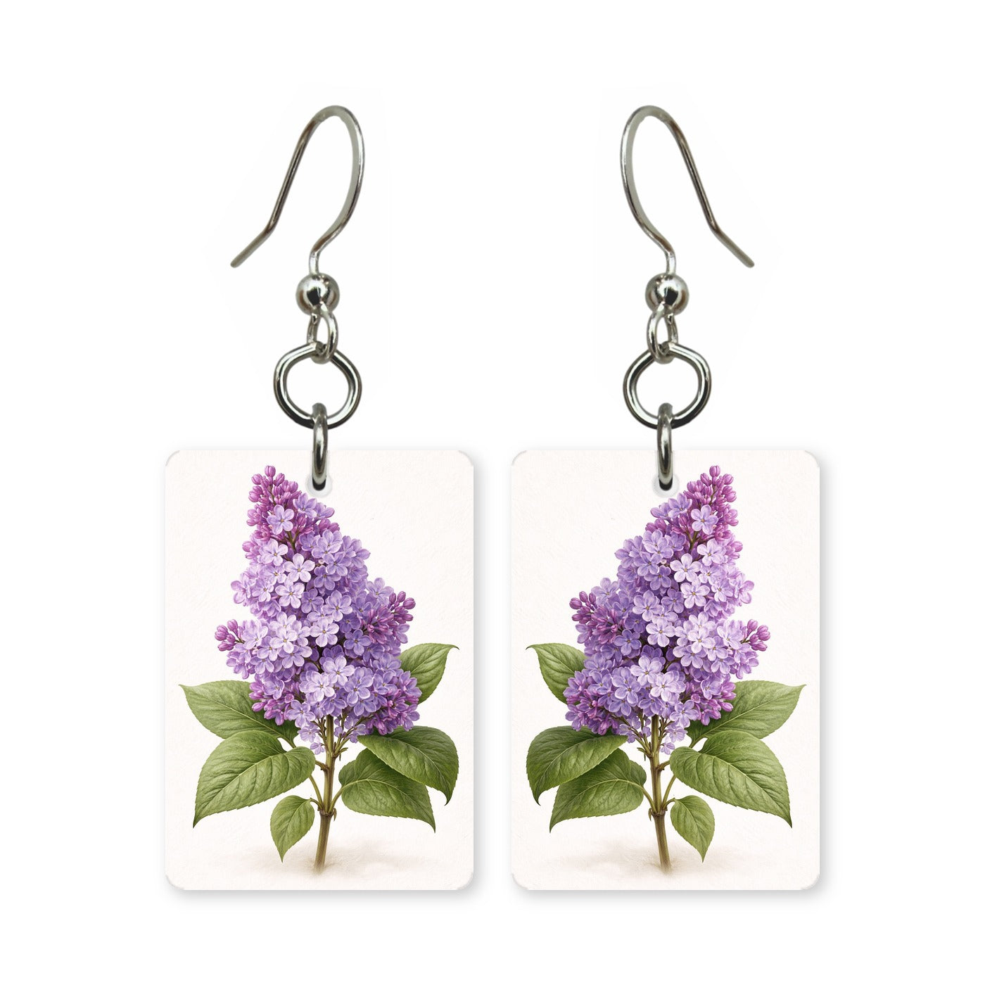 Purple lilac earrings — lilac clusters in bloom, cut-paper botanical art, made in USA