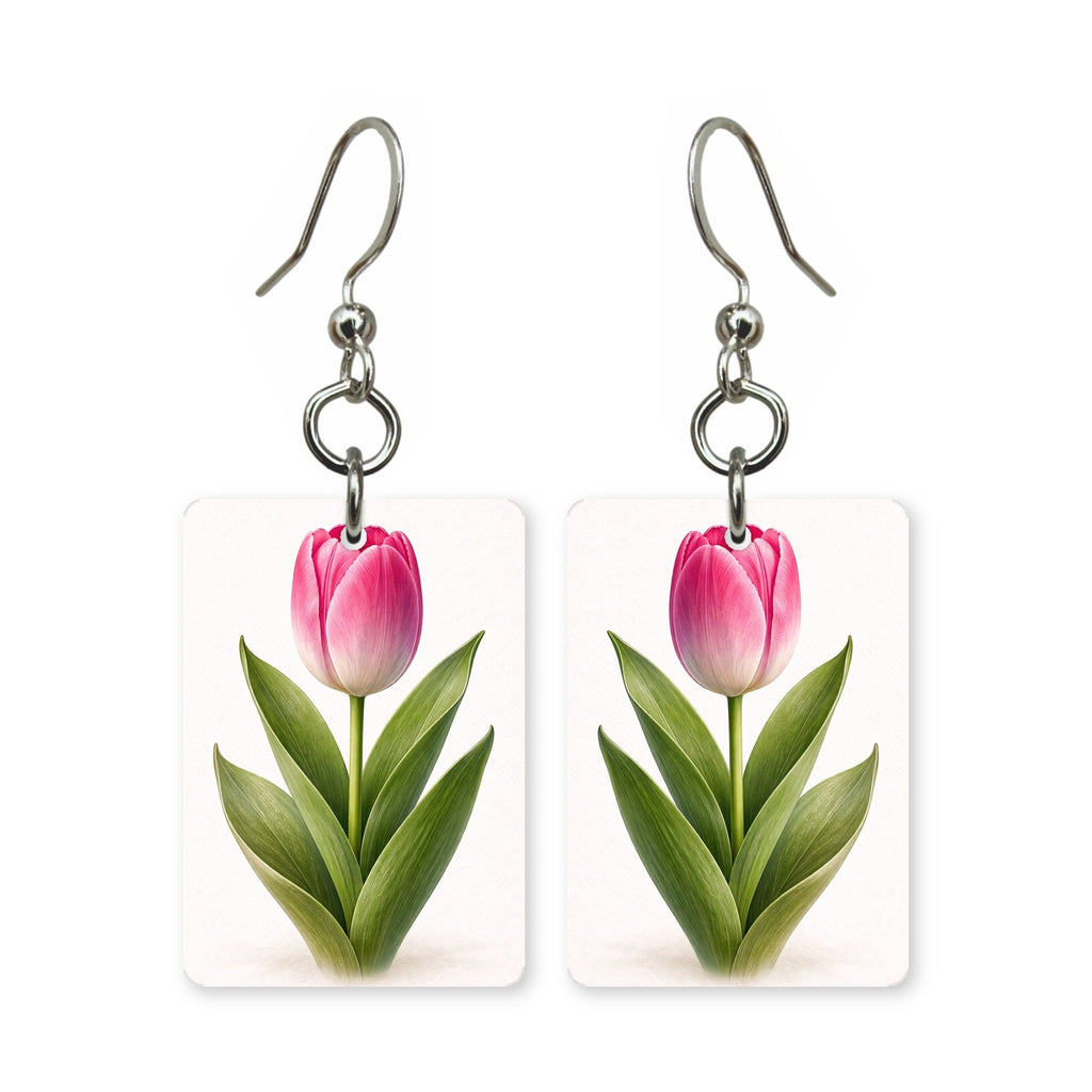 Pink tulip earrings — pink tulips on straight green stems, cut-paper botanical art, made in USA