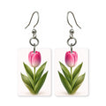 Pink tulip earrings — pink tulips on straight green stems, cut-paper botanical art, made in USA