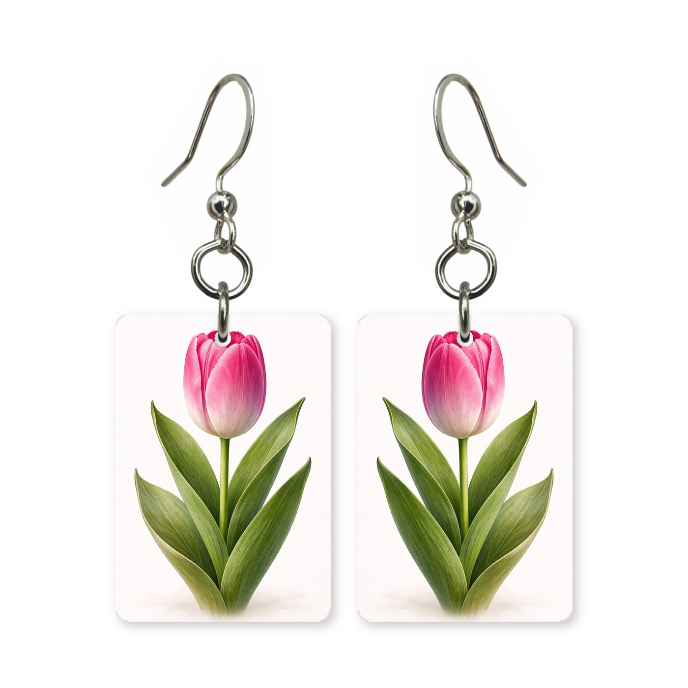 Pink tulip earrings — pink tulips on straight green stems, cut-paper botanical art, made in USA