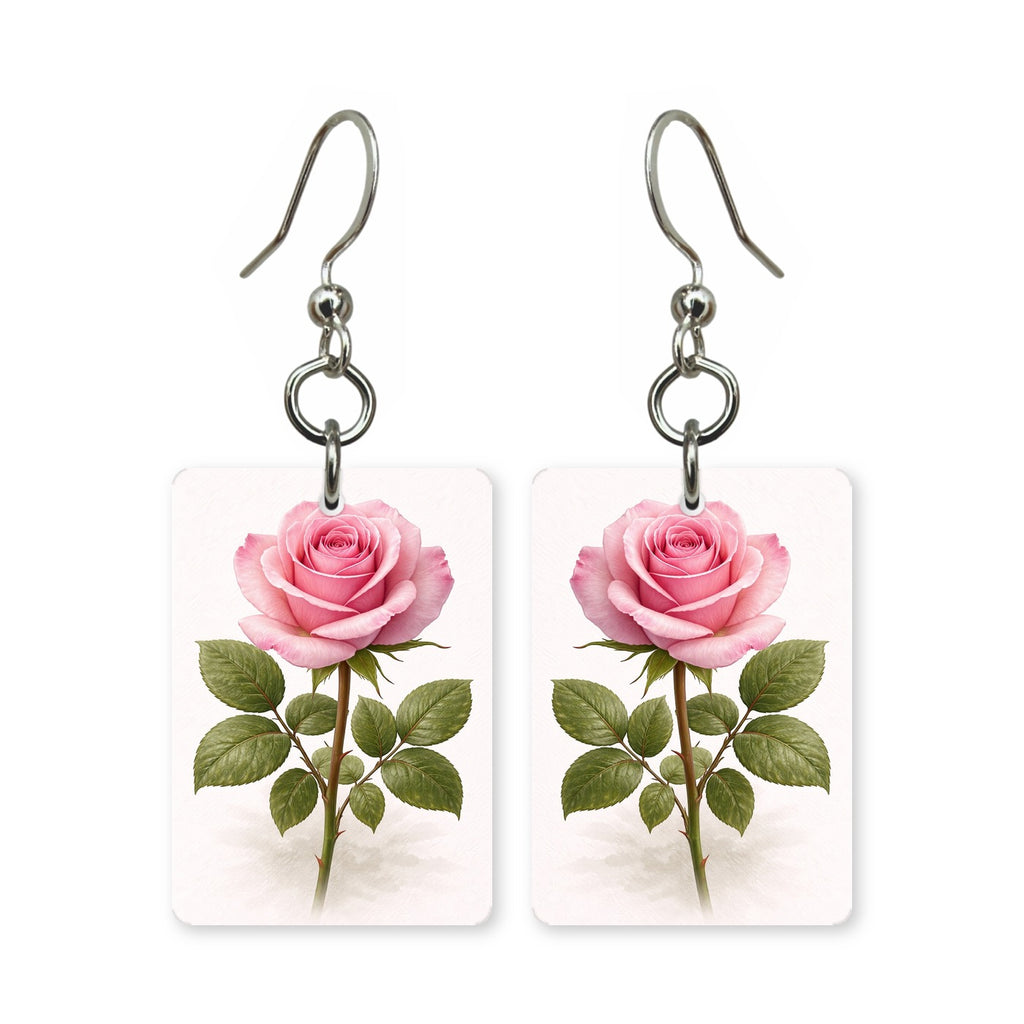 Pink rose earrings — pink rose just past bud, cut-paper botanical art, made in USA