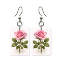 Pink rose earrings — pink rose just past bud, cut-paper botanical art, made in USA