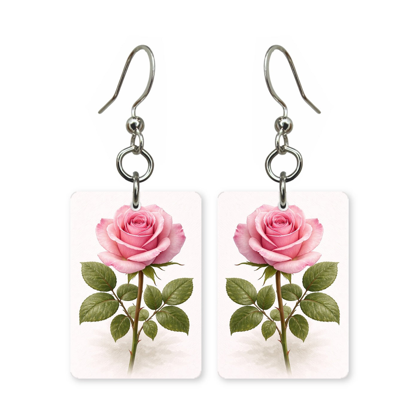 Pink rose earrings — pink rose just past bud, cut-paper botanical art, made in USA