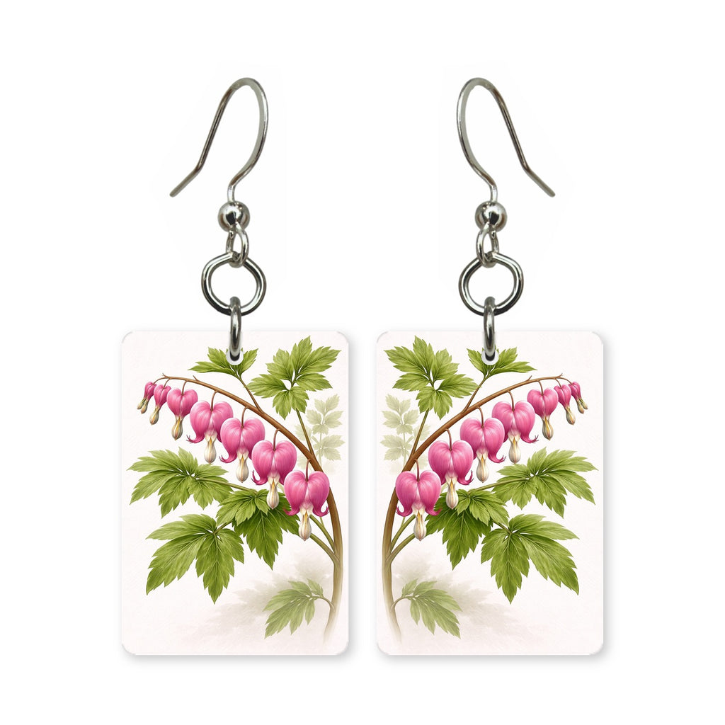 Bleeding heart earrings — bleeding heart blooms hanging from an arched stem, made in USA