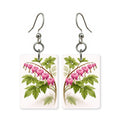 Bleeding heart earrings — bleeding heart blooms hanging from an arched stem, made in USA