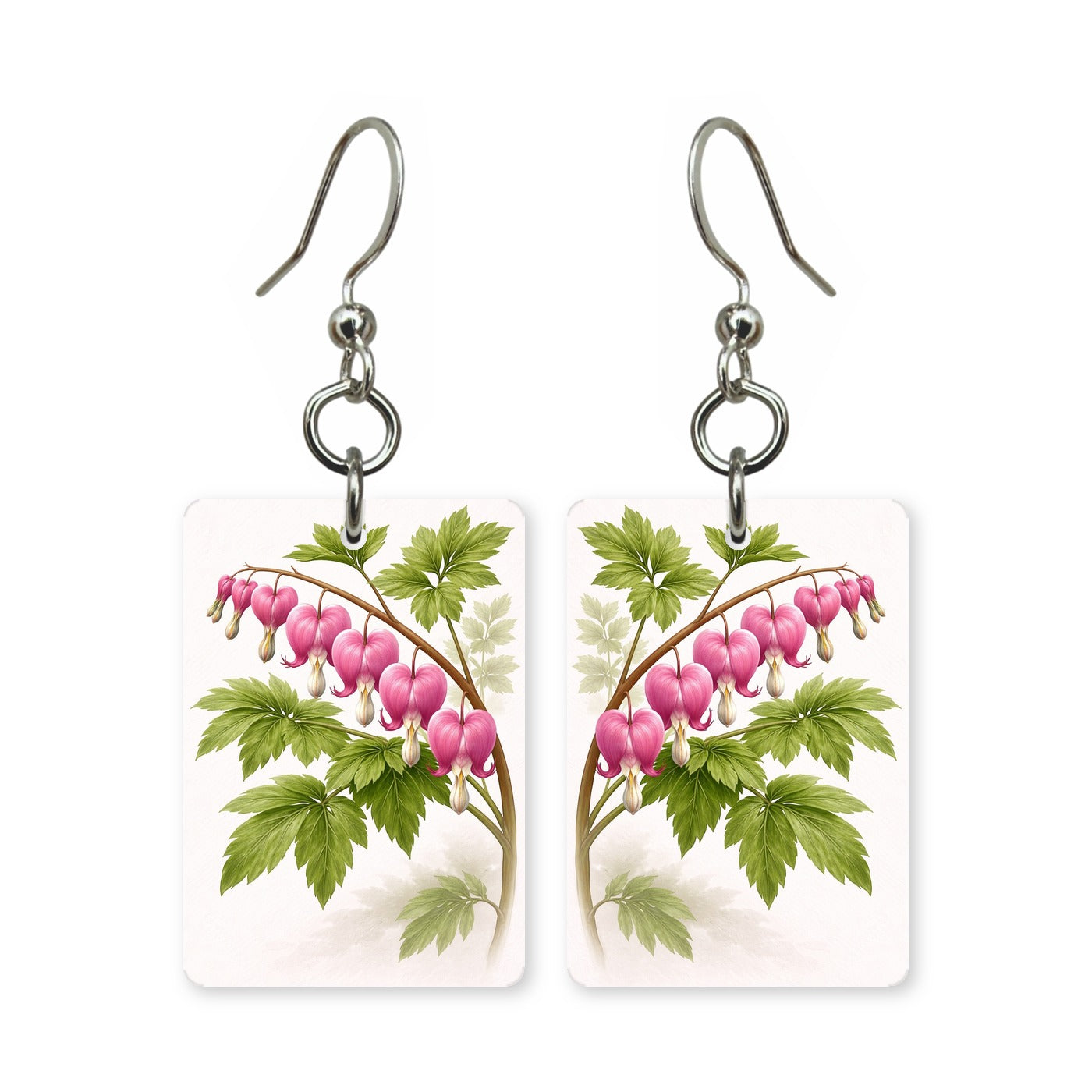 Bleeding heart earrings — bleeding heart blooms hanging from an arched stem, made in USA