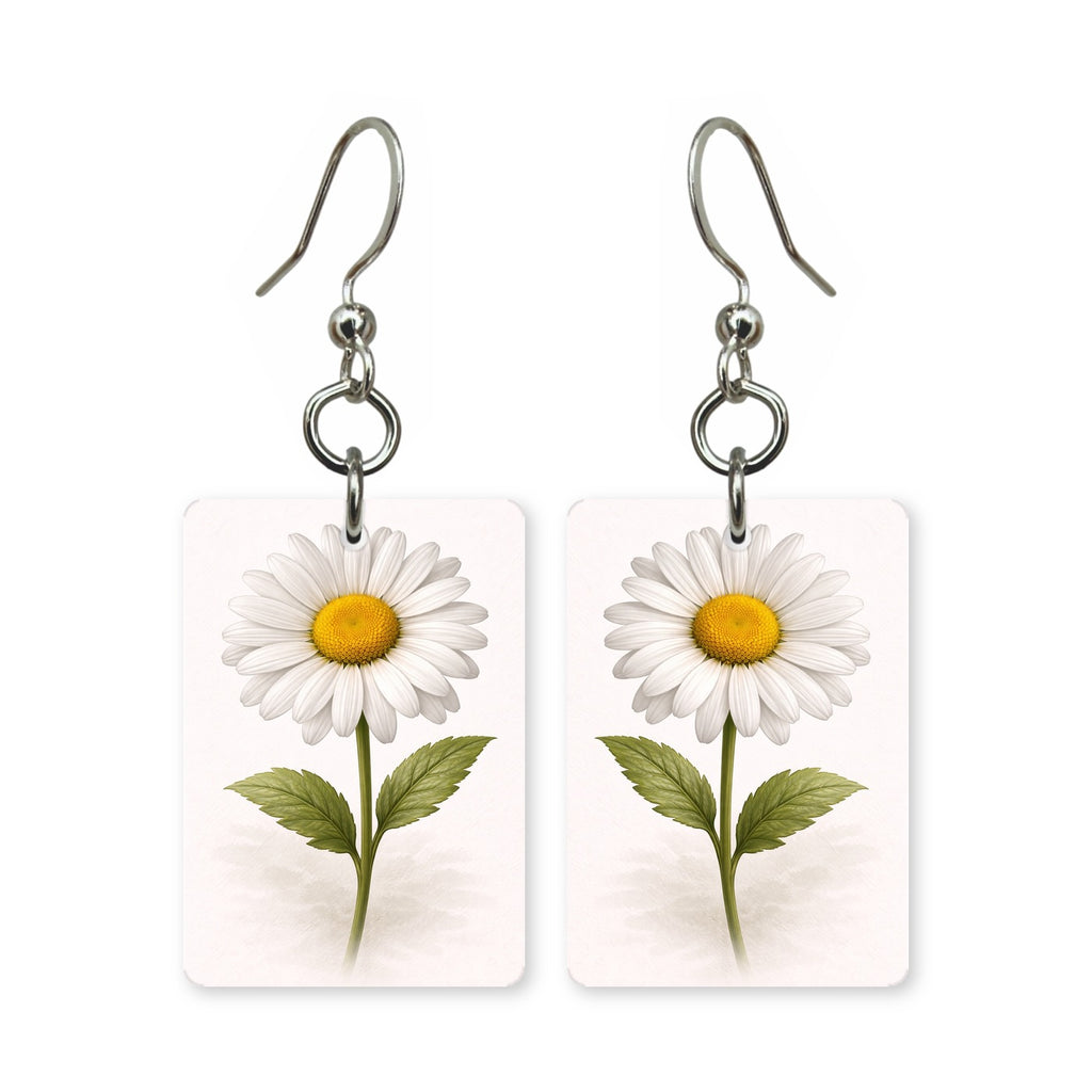 White daisy earrings — white daisies with yellow centers, cut-paper botanical art, made in USA