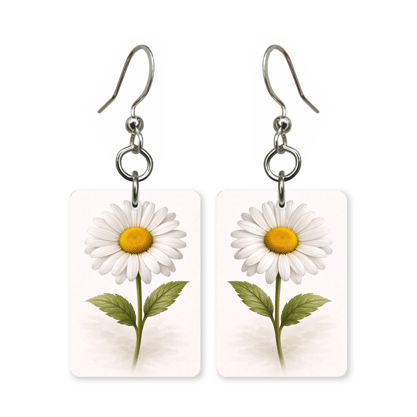 White daisy earrings — white daisies with yellow centers, cut-paper botanical art, made in USA